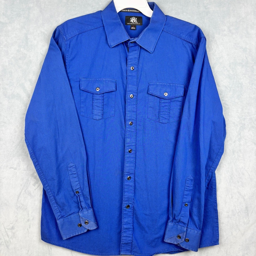 Rock & Republic Mens Blue Micro Dobby Long Sleeve Button Down Shirt Large